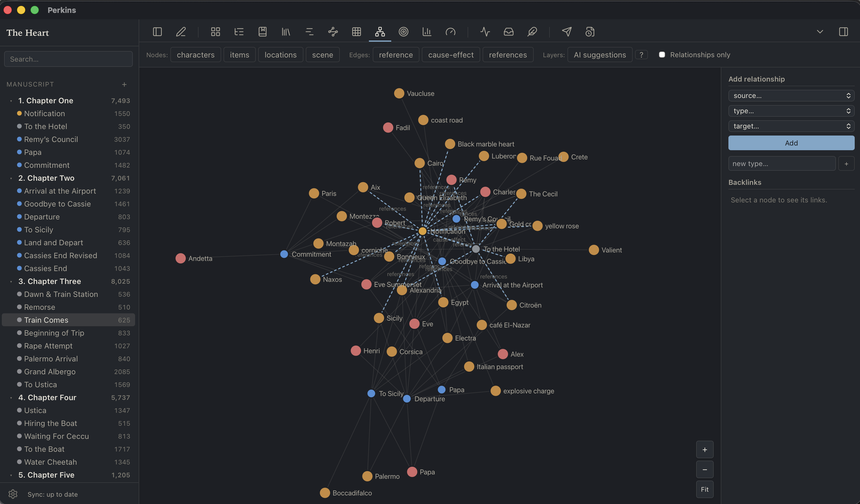 The relationship graph: characters, places, and items from a novel drawn as a network with reference and cause-effect edges