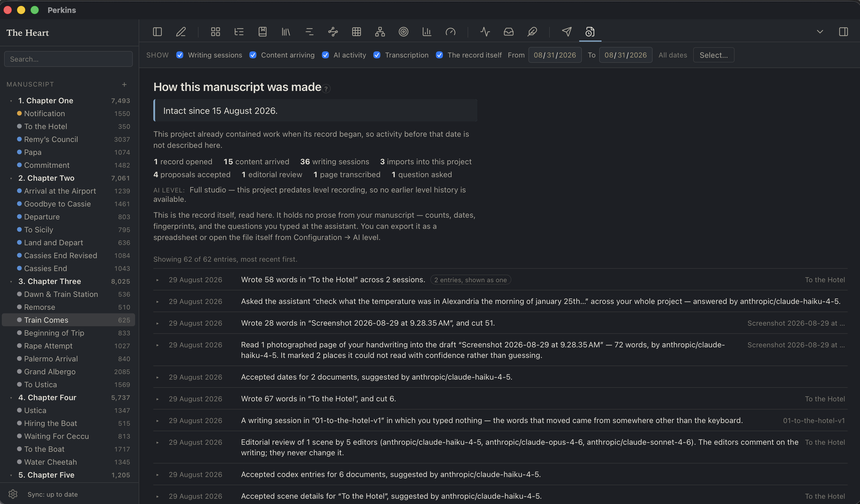 The Record view titled How this manuscript was made: an intact history with counts of sessions, arrivals, and model calls, and dated plain-language entries